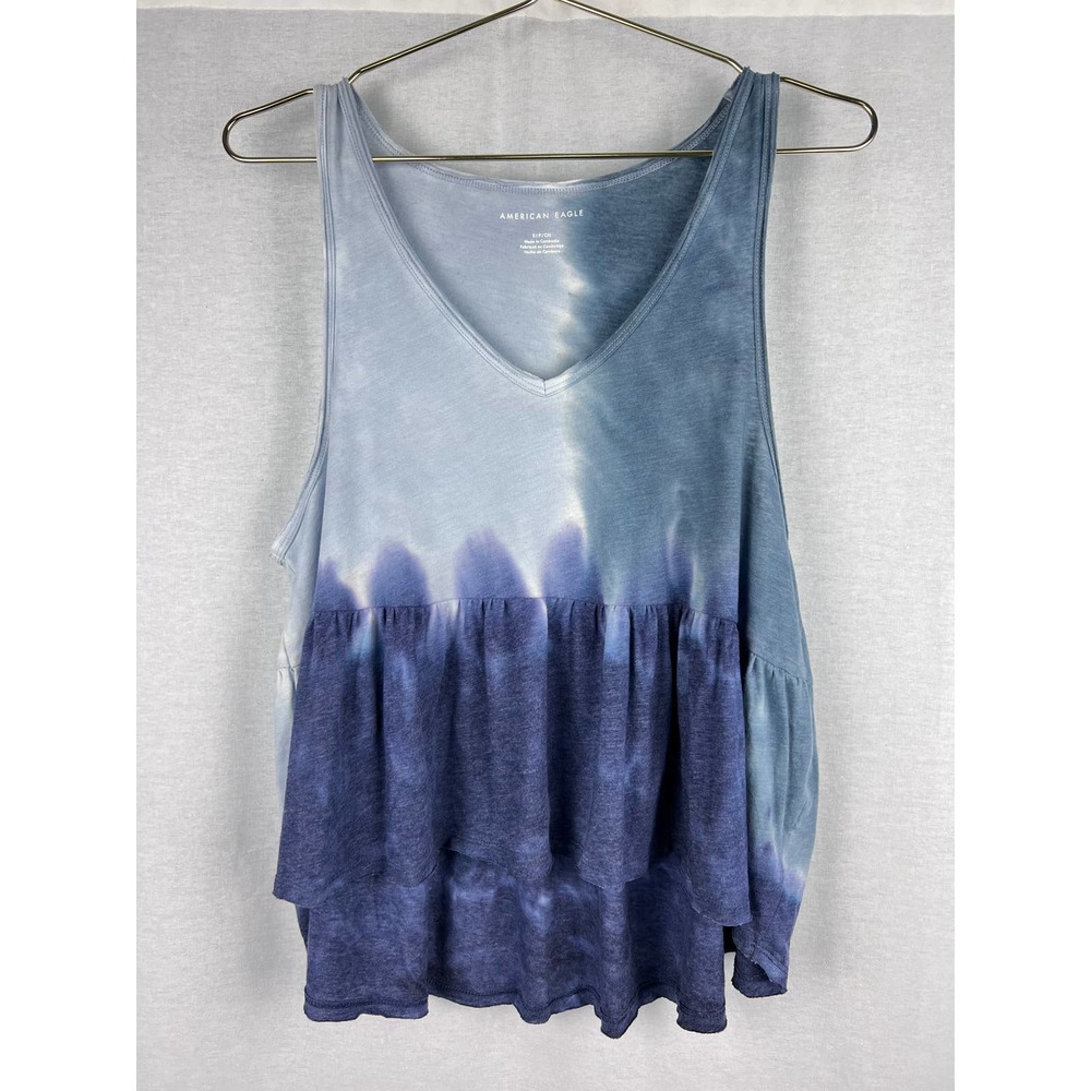 American Eagle Blue Tie Dye V-Neck Peplum Tank Top